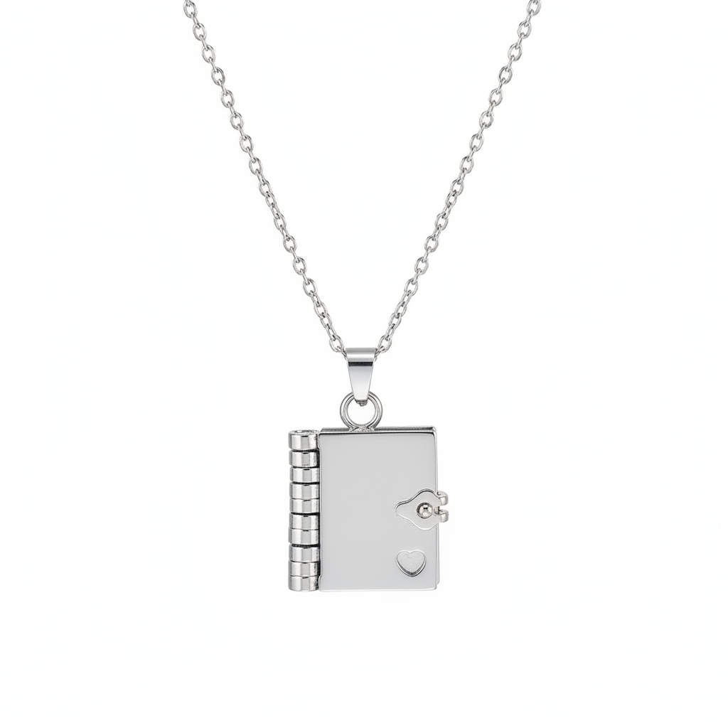 Book of Time Necklace – Personalized Memory Locket with Hidden QR Code - Silver