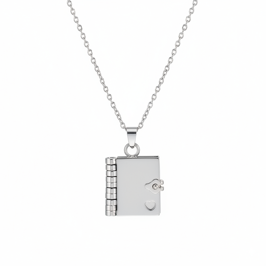 Book of Time Necklace – Personalized Memory Locket with Hidden QR Code - Silver
